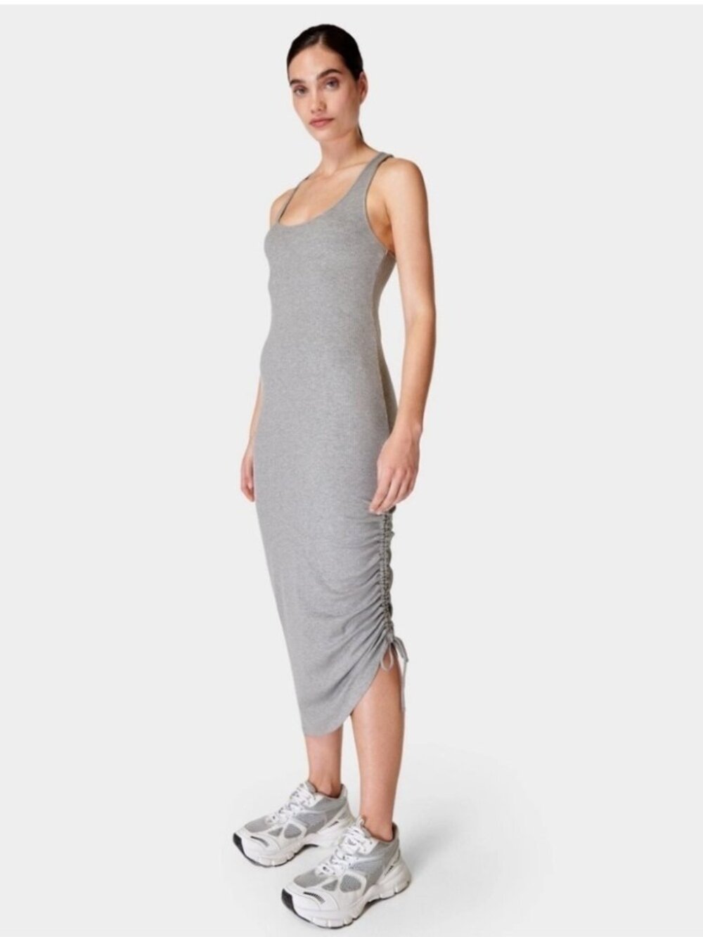 SWEATY BETTY Weekend Drawstring-Side Twist-Back Stretch-Woven Midi Dress Small